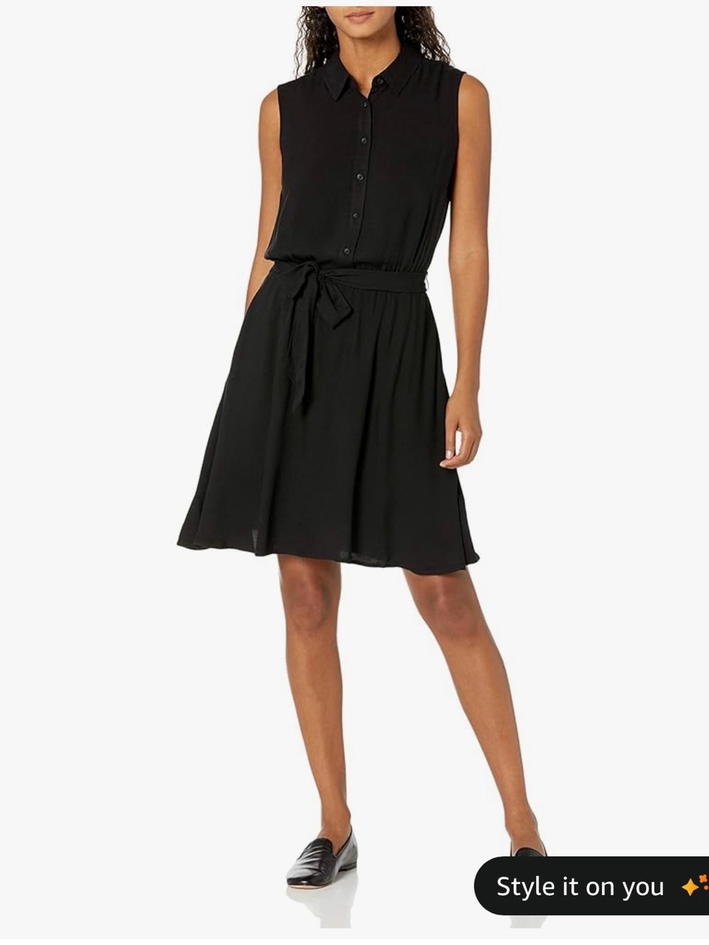NWT Amazon Essentials Sleeveless Black Shirt Dress with Waist Tie